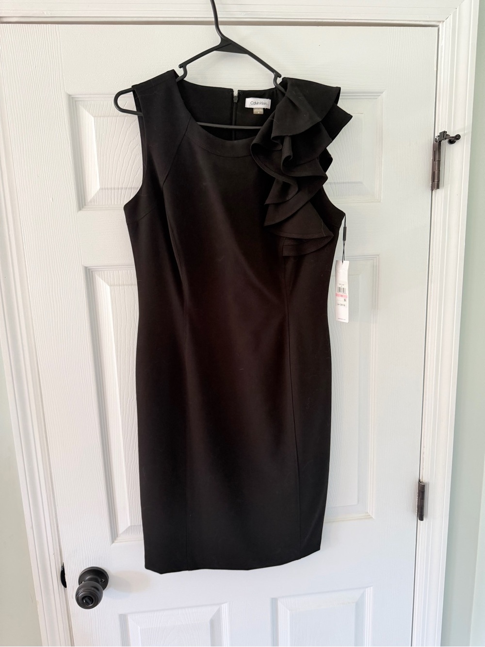 Calvin Klein Black Ruffle-Shoulder Midi Sheath Dress